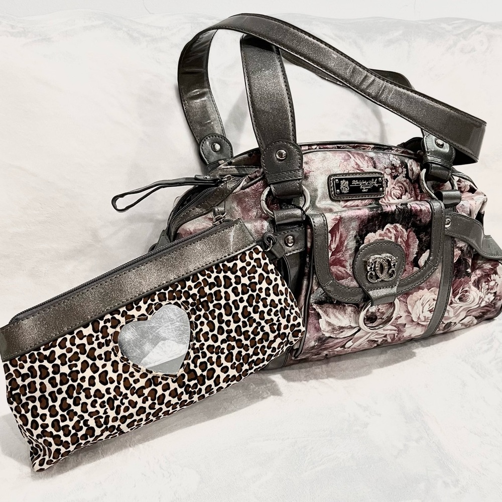 Sharif 1827 Pink/Silver Floral Shoulder Bag With Detachable Mirrored Pouch NWOT